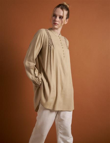 Embroidered Half Patch Tunic Beige