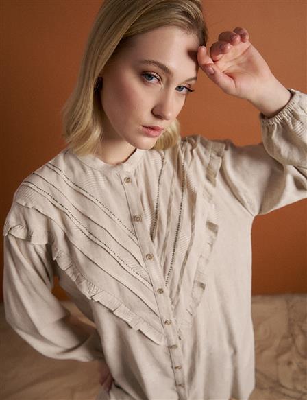 Linen Blend Frilled Embroidered Tunic in Cream