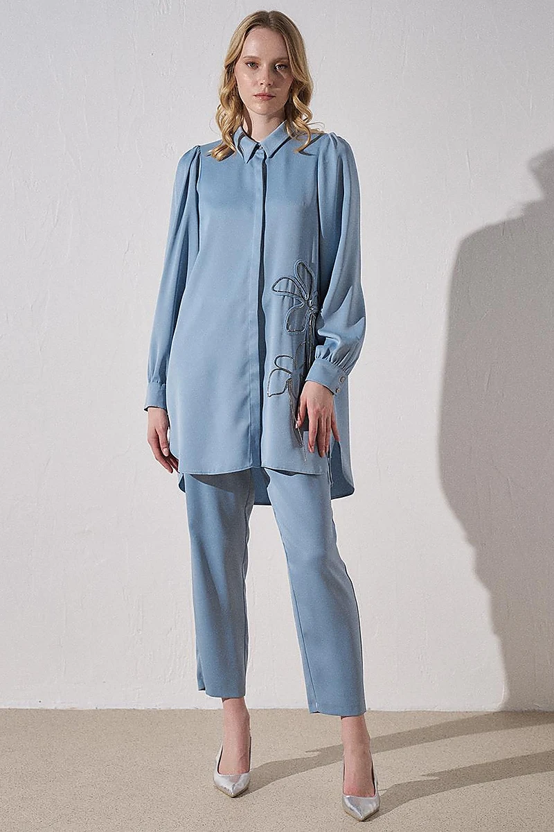 Button Detailed Jacquard Carrot Pants Sea Ice