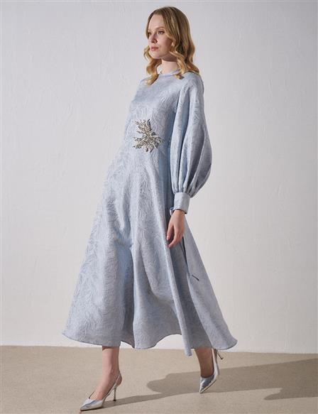 Embroidered Detailed Jacquard Dress Sea Ice