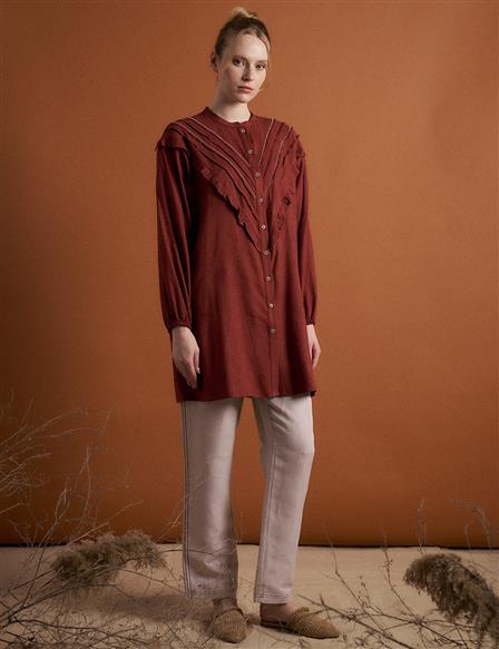 Linen Blend Frilled Embroidered Tunic in Terra Cotta