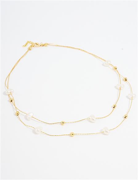 Pearl Detailed Double Look Necklace Gold