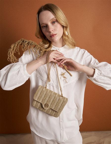 Straw Bag with Lid Beige