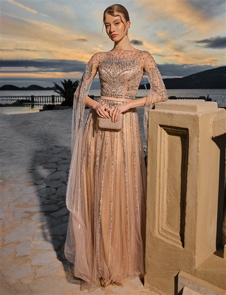 Embroidered Boat Neck Evening Gown Mink