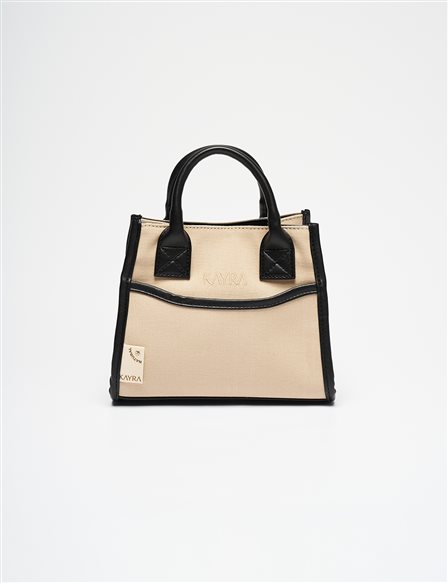 Leather Mixed Tote Bag Beige-Black
