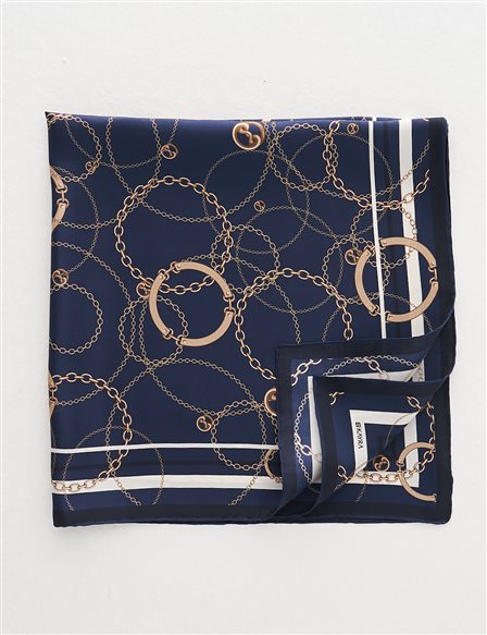 Chain Pattern Silk Scarf Navy Blue