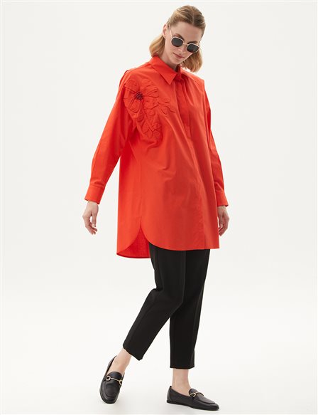 Floral Appliqued Poplin Tunic Red