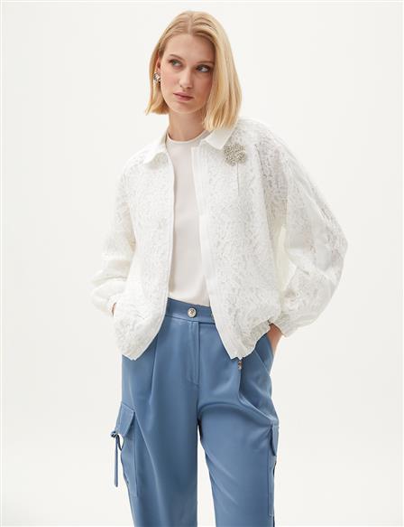 Lace Fitted Bomber Jacket Optical White