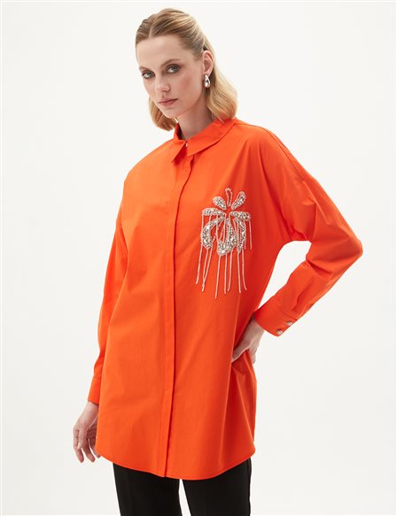Embroidered Detailed Poplin Tunic Coral