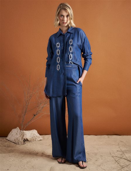 Embroidery and Sequin Embroidered Double Set Indigo