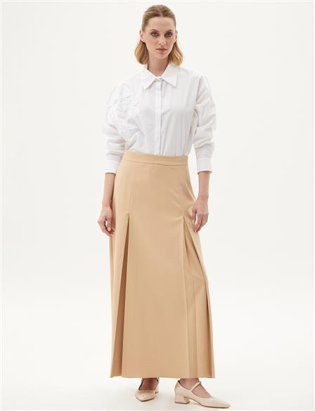 Front Double Pleated Skirt in Beige