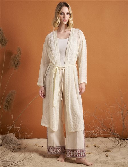 Gingham Feather Detail Kimono Optical White