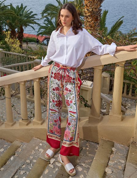 Red Loose-Fit Elastic Waist Ethnic Patterned Wide Leg Pants