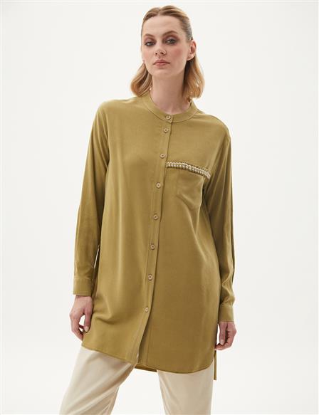 Knitted Piping Detailed Natural Fabric Tunic Khaki