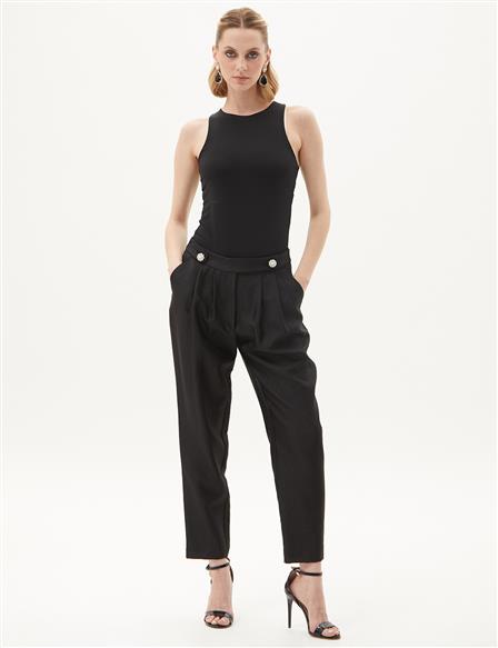 Button Detailed Jacquard Carrot Pants Black