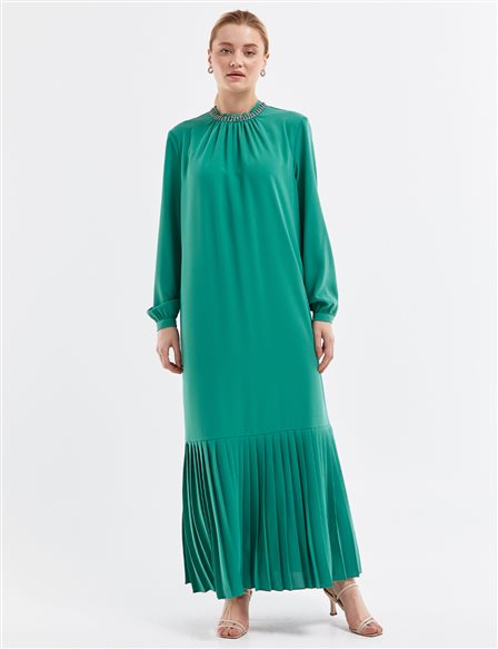 Stone Embroidered Pleated Dress Lake Green