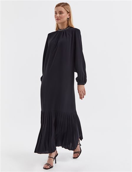 Stone Embroidered Pleated Dress Black