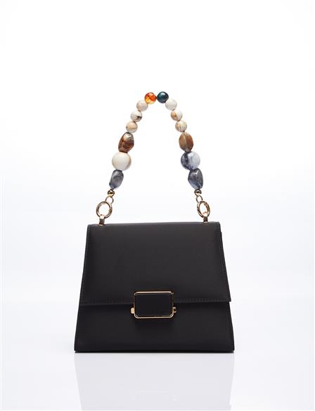 Beaded Cover Satin Bag with Metal Accessories Black