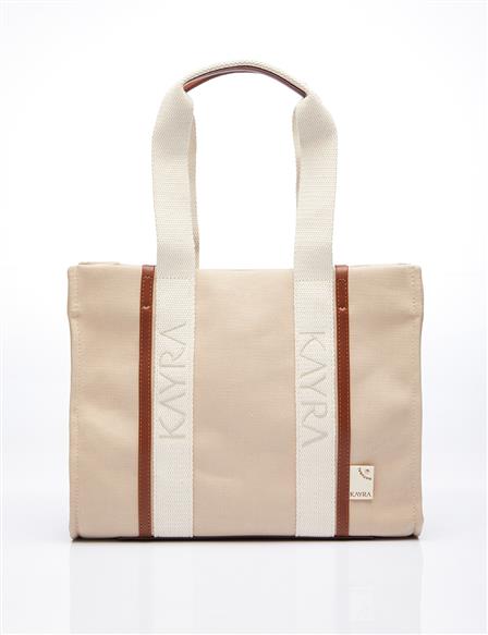 Canvas Tote Bag with Woven Strap Beige-Camel