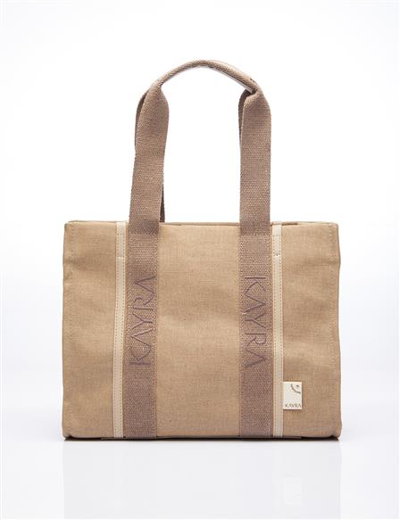 Canvas Tote Bag with Woven Strap Beige-Mink