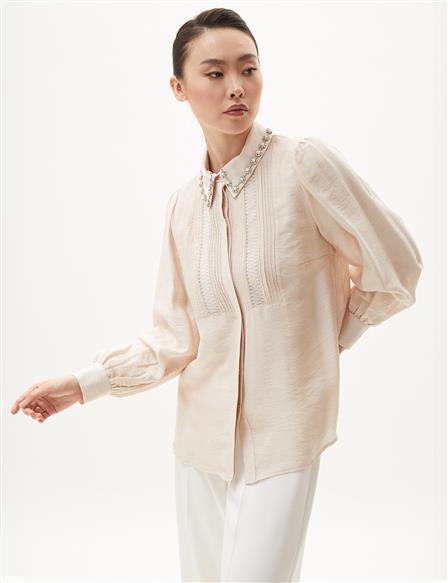 Beaded Sewing Detailed Blouse Cream