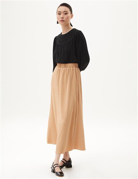 Elastic Waist Pleated Skirt Beige