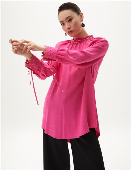 Ruffled Tunic with Jeweled Collar Fuchsia