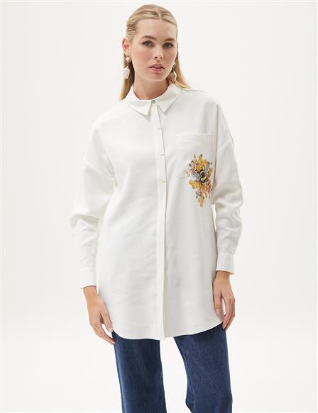 Embroidered Detailed Shirt Collar Rayon Tunic Ecru