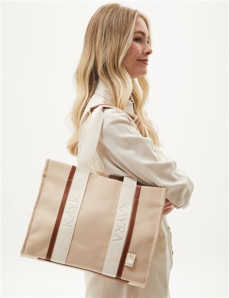 Canvas Tote Bag with Woven Strap Beige-Camel