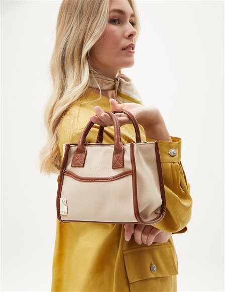 Leather Mixed Tote Bag Beige-Camel
