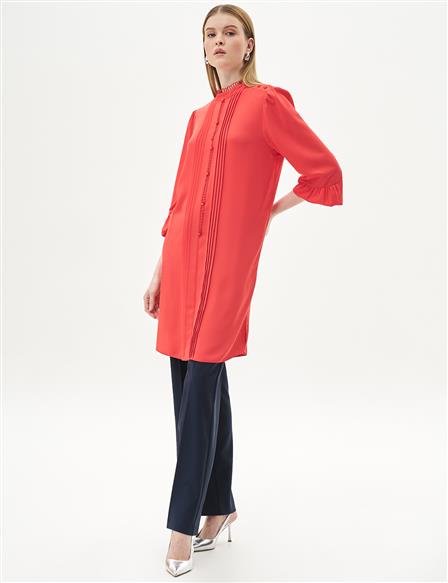 Ribbed Balloon Sleeve Tunic Red