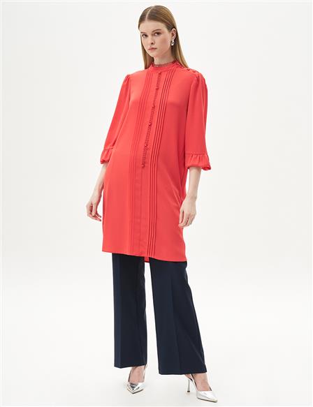 Ribbed Balloon Sleeve Tunic Red