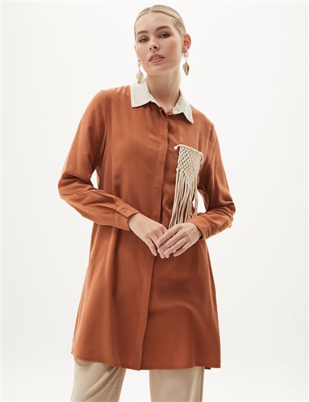 Natural Fabric Tunic with Macramé Details in Biscuit