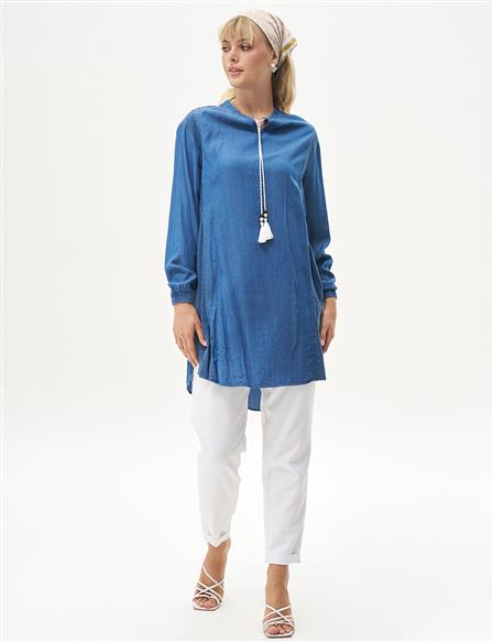 Lyocell Tunic with Tassels on the Collar Ice Blue