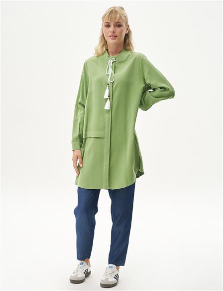 Yakası Püskül Detaylı Katmanlı Bluz Fıstık Yeşili