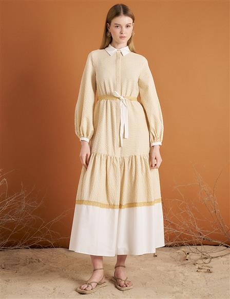 Sequined Layered Dress Beige-Mustard