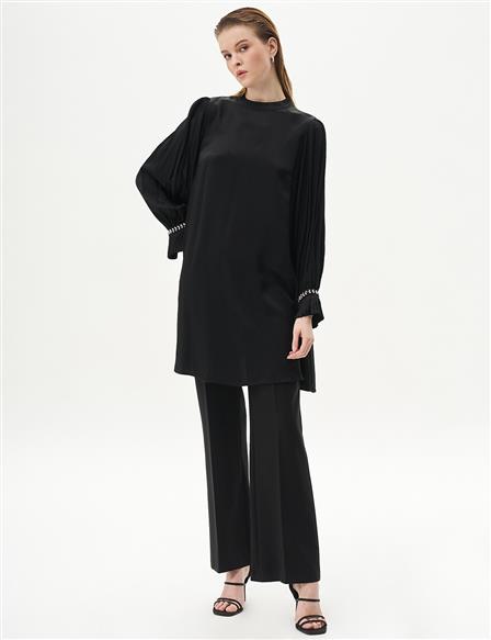 Pleated Cuff Satin Tunic Black