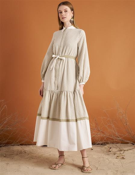 Sequined Layered Dress Cream-Khaki