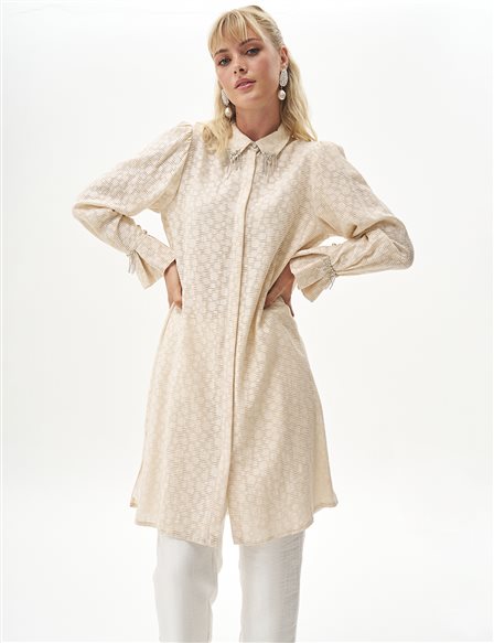 Abstract Pattern Tunic with Stone Embroidery on the Collar, Cream