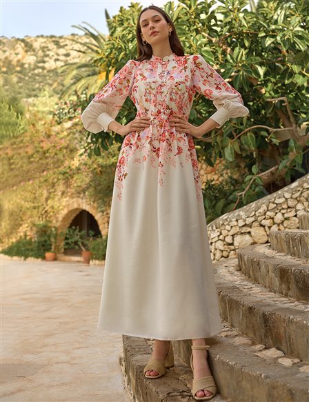 Floral Baskı Desenli Elbise Krem