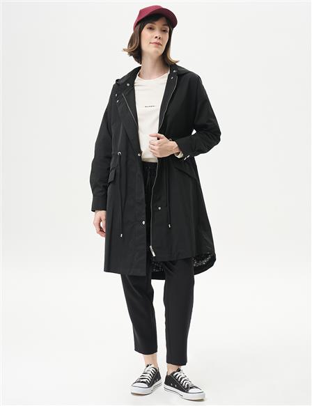 Snap-button Hooded Waist Gathered Cape Black