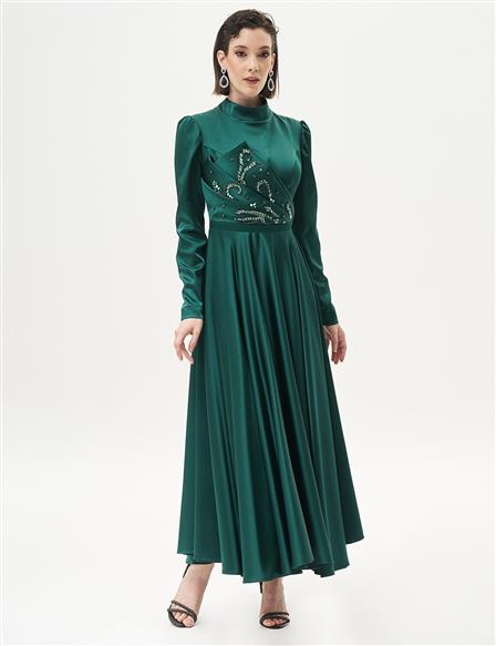 Emerald Satin Evening Dress with Stone Embellishments