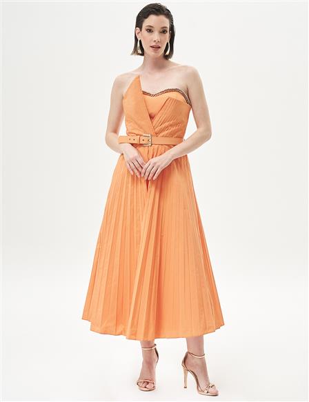 Stone-Embellished Strapless Neck Evening Dress in Peach