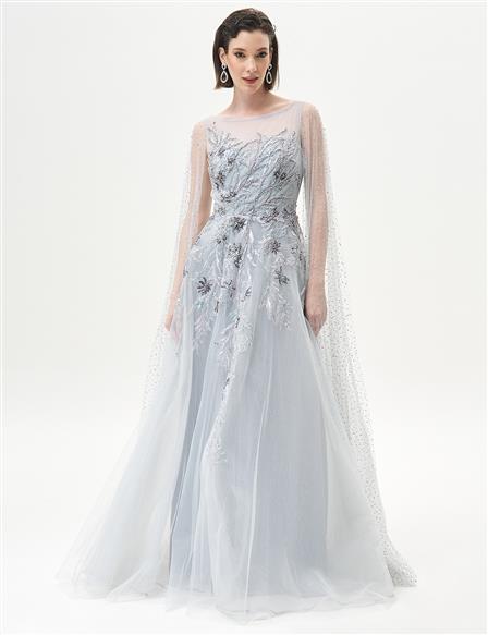 Gray Evening Dress with Stone Embellished Cape