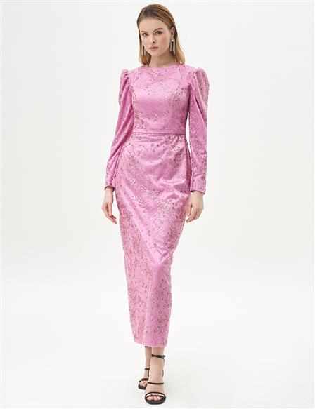 Stone Embroidered Fish Form Evening Dress, Dusty Rose