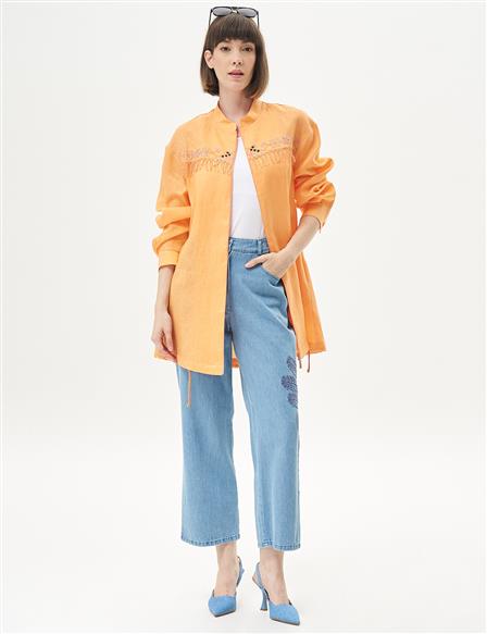 Tassel and Embroidery Detailed Linen Jacket Peach
