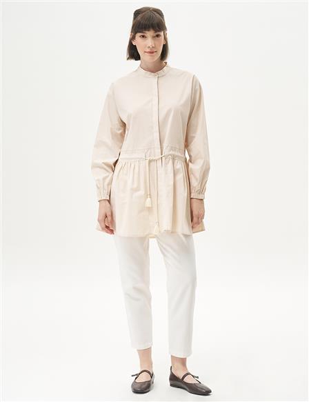 Tasseled Collar Poplin Tunic Cream