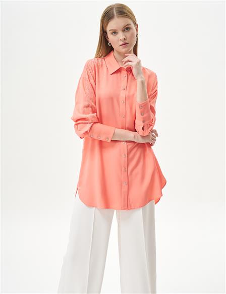 Hotfix Printed Shirt Collar Tunic Shell Pink