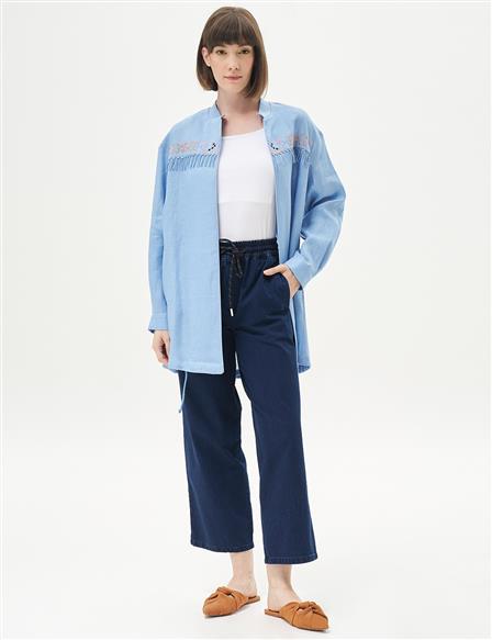 Tassel and Embroidery Detailed Linen Jacket Aviator Blue