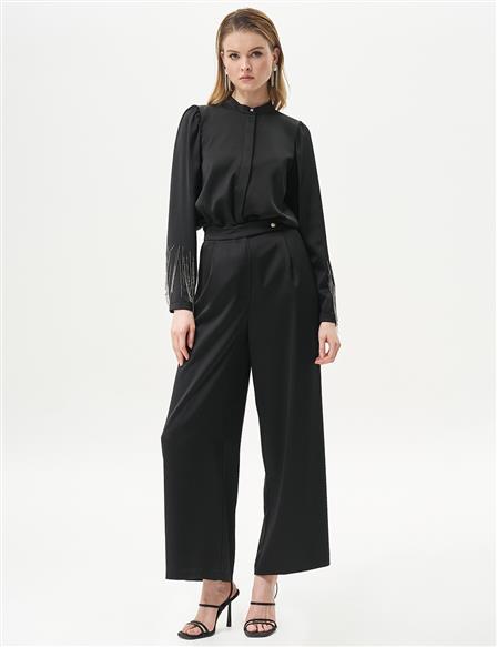 Satin Wide Leg Trousers Black